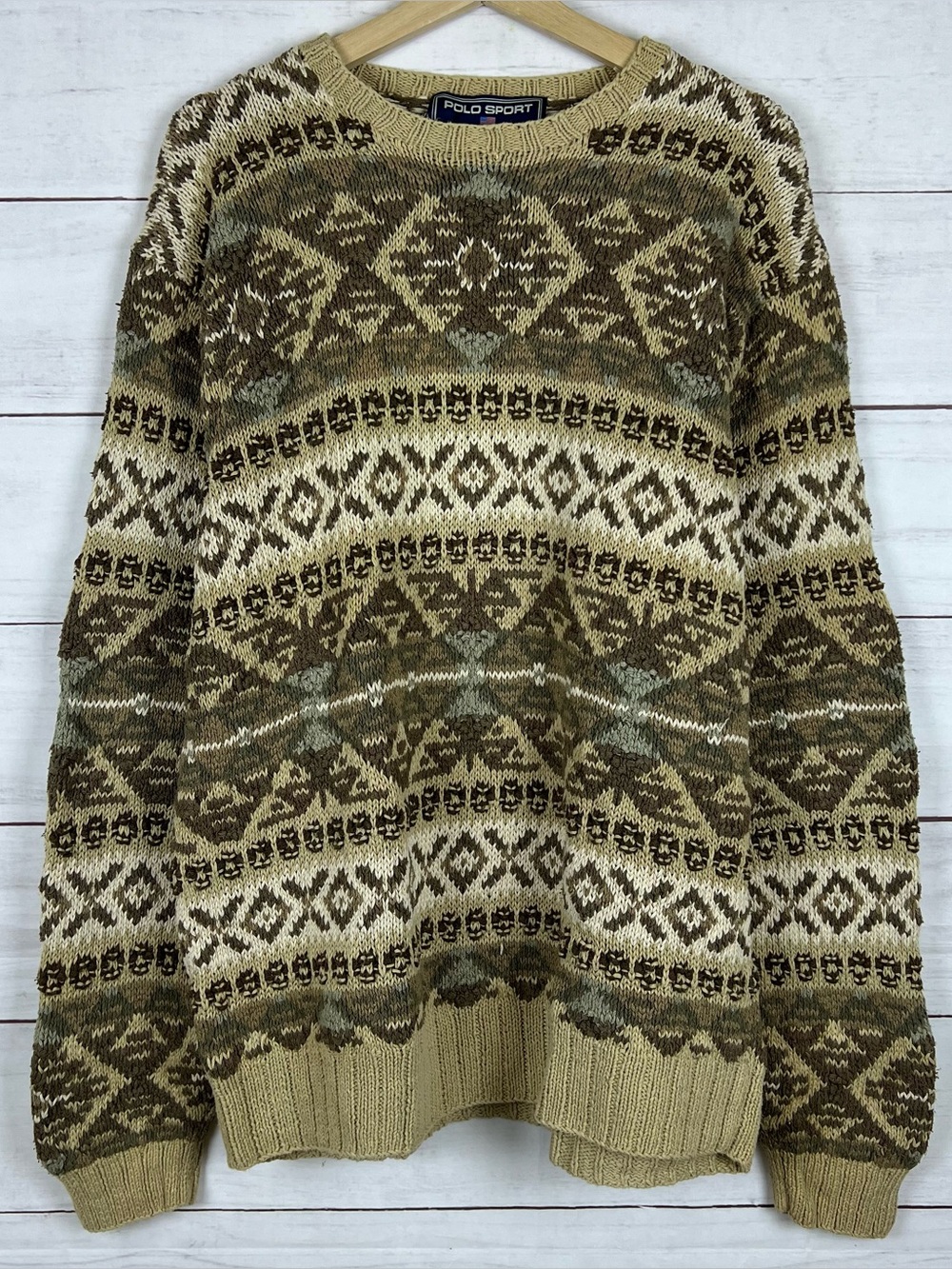 Vintage Polo Sport Ralph Lauren Sportsman Hand Knit Aztec Sweater Mens XL